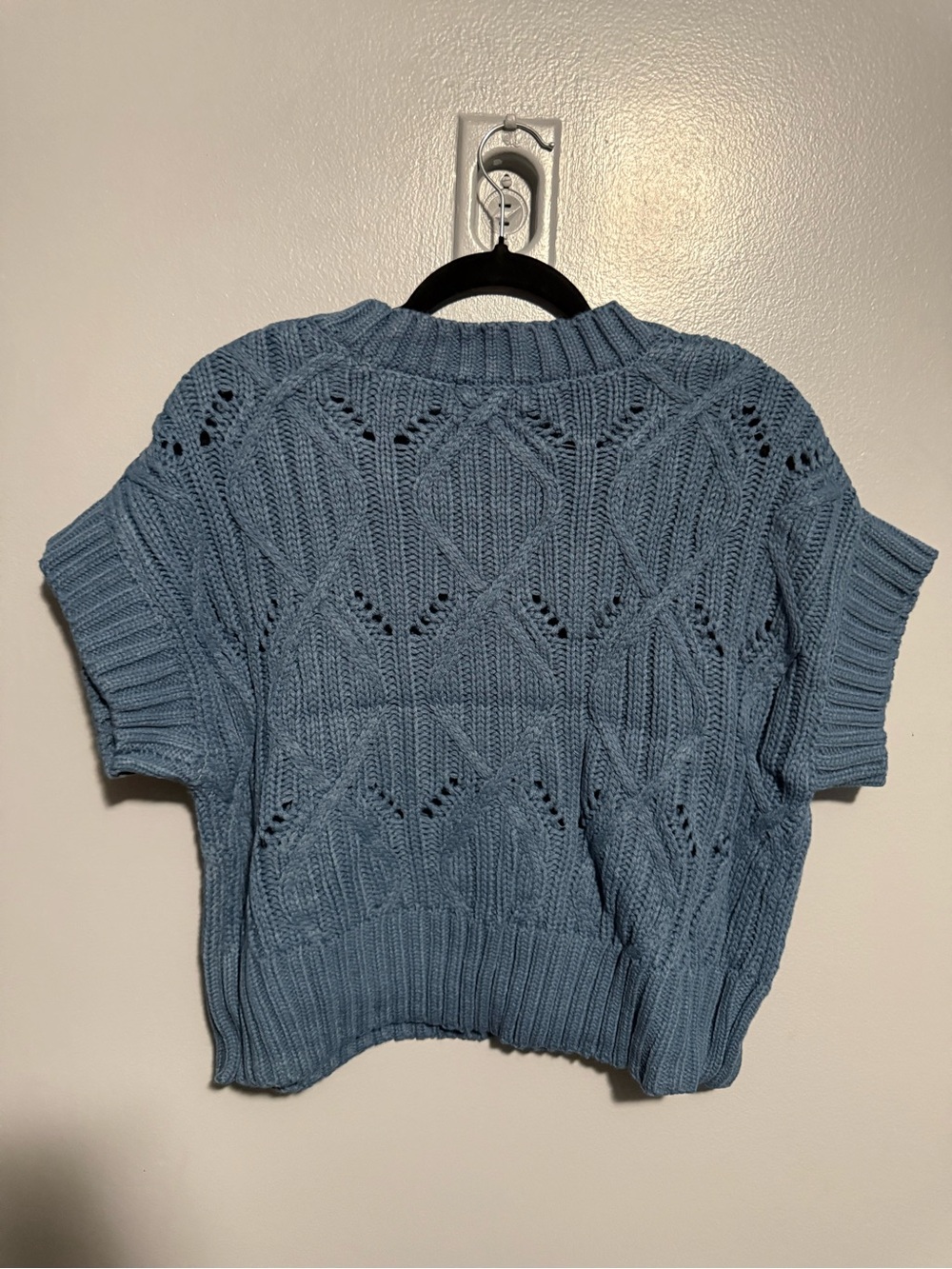 Zenana Dusty Blue Open Knit Short Sleeve Sweater Top - Picture 3 of 3